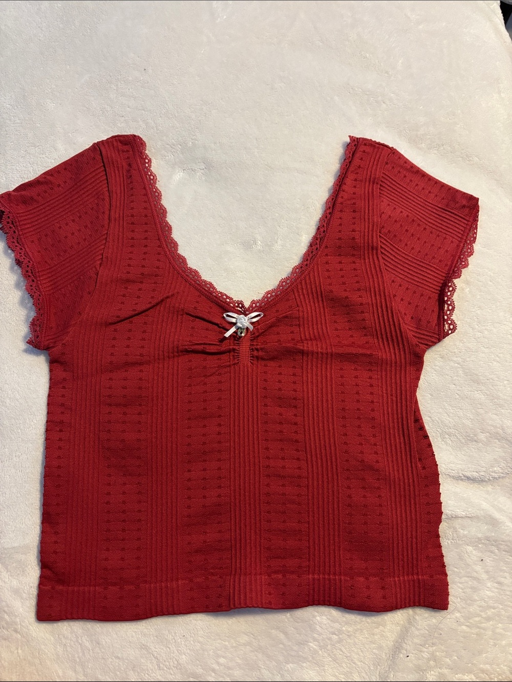 Red Lace-Trim Knit Crop Top - Women